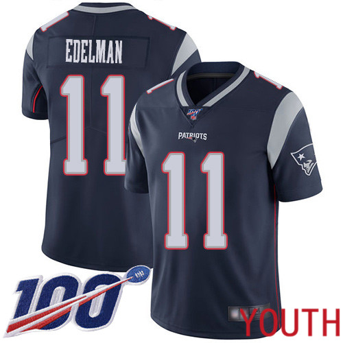 New England Patriots Football 11 100th Season Limited Navy Blue Youth Julian Edelman Home NFL Jersey